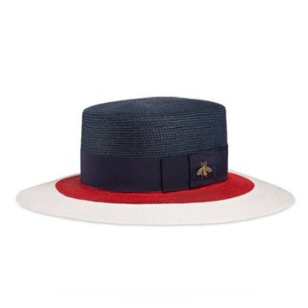 NWT Gucci Blue/Red/White Papier Wide Brim Straw Bee Hat Size L $590.00 *2023*